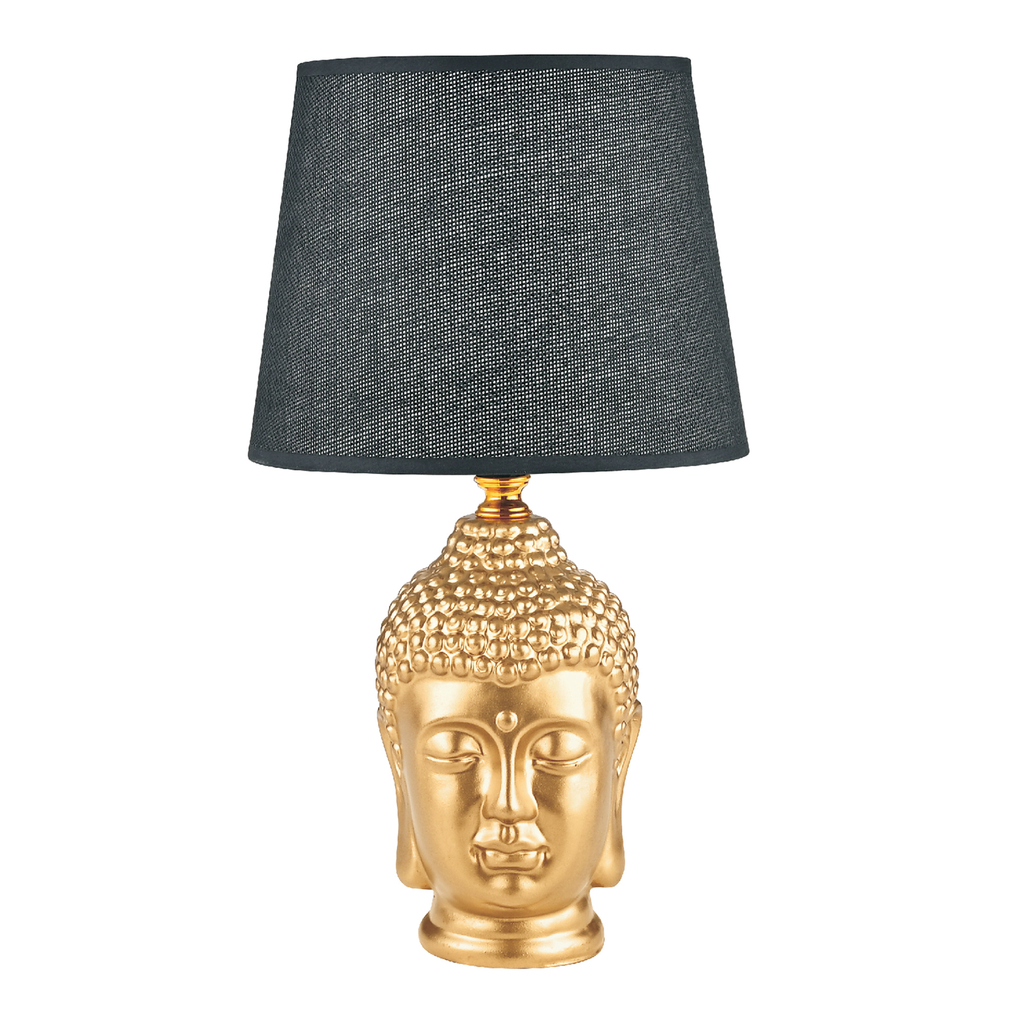 Złoto-czarna lampa stołowa Budda, ceramiczna z abażurem, idealna do sypialni i salonu.