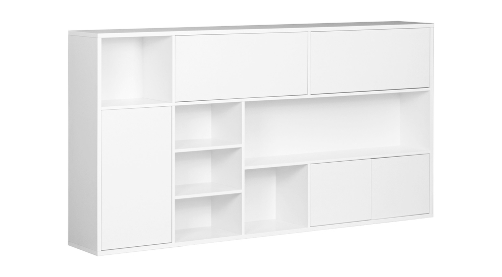 Biała nadstawka do półkotapczanu z 6 półkami otwartymi i 5 szafkami.