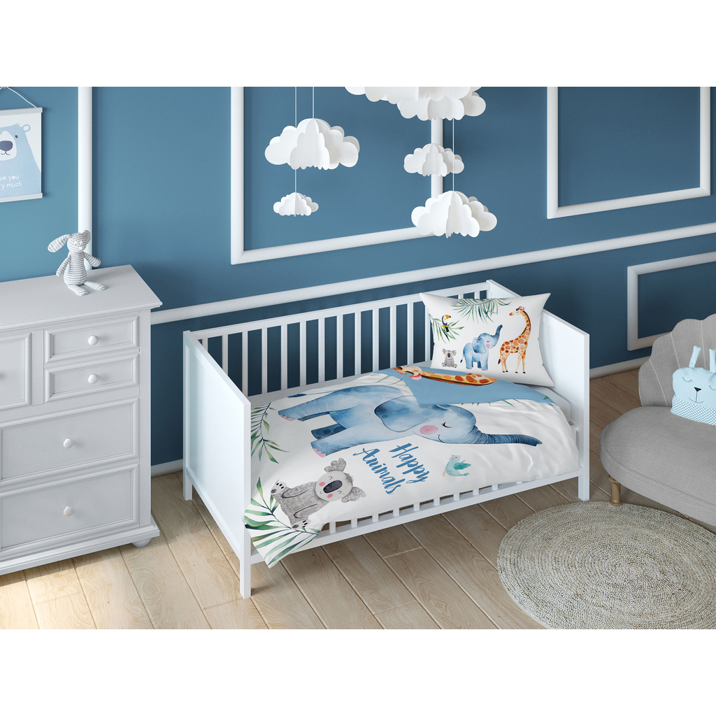 Pościel do łóżeczka dla niemowląt bambusowa niebieski SŁOŃ/ŻYRAFA 100x135 cm