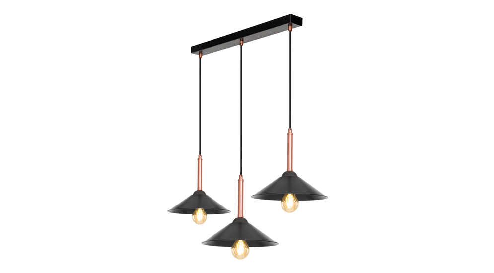 MANDARIN to lampa wisząca z 3 trapezowymi kloszami oraz dekoracyjnym elementem w miedzianym kolorze.