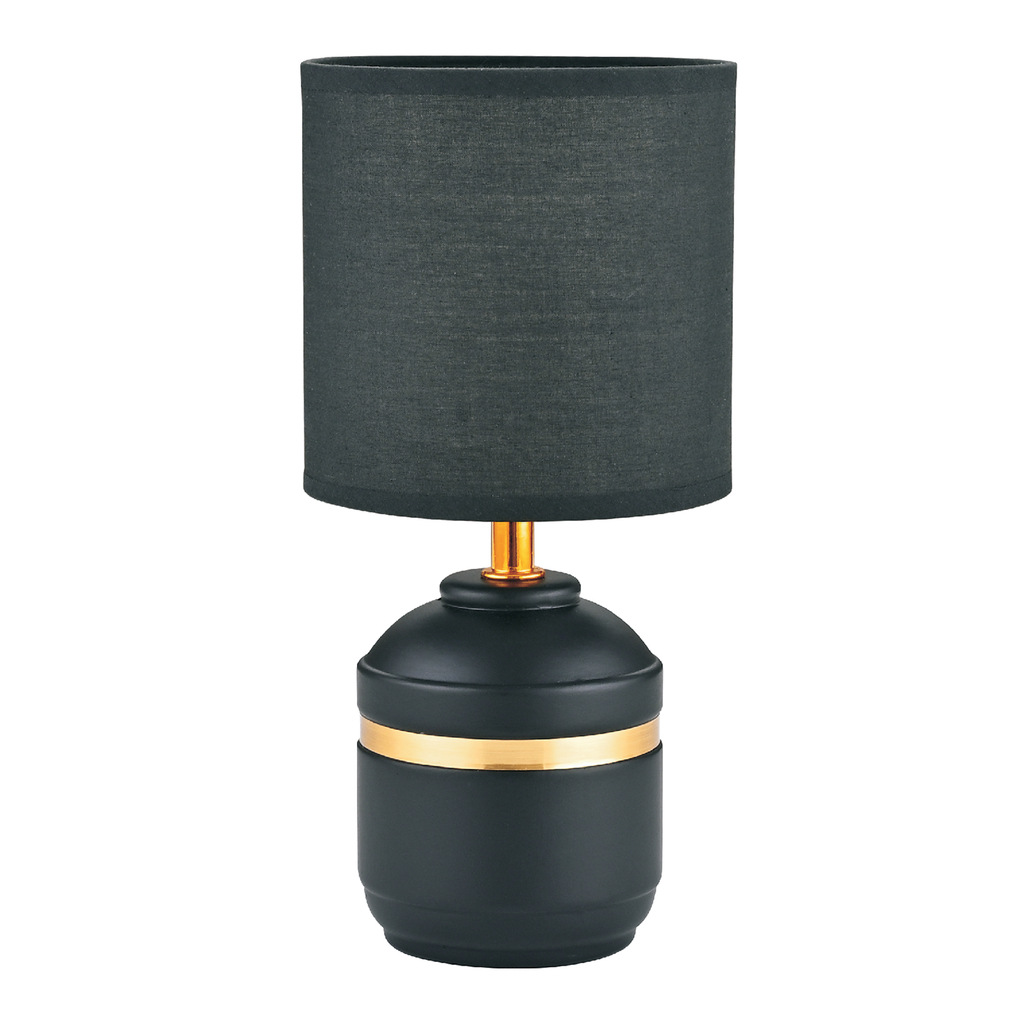 Czarna lampa stołowa o ceramicznej podstawie i wysokości 27 cm.
