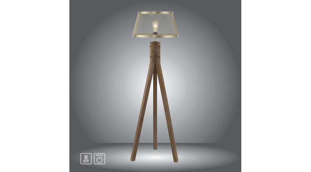 Lampa na drewnianym trójnogu abażur mosiądz FREDERIK