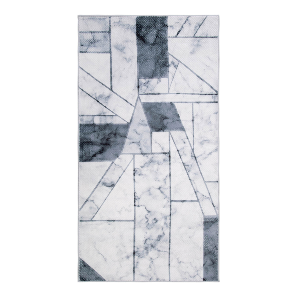Dywan geometryczny szary marmur PUERTO 80x150 cm wykonany z przędzy poliestrowej.