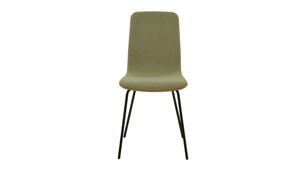 Krzesło jasnozielone VINGE z welurową tapicerką na metalowych nogach do nowoczesnej jadalni.
