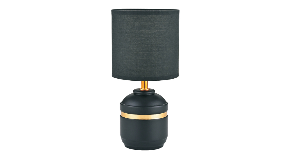 Czarna lampa stołowa o ceramicznej podstawie i wysokości 27 cm.