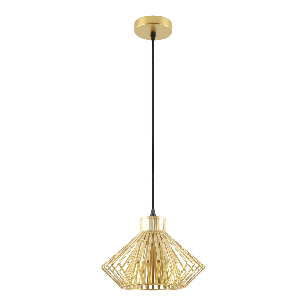 Złoty model lampy wiszącej DOLIA z geometrycznym kloszem o średnicy 25 cm.