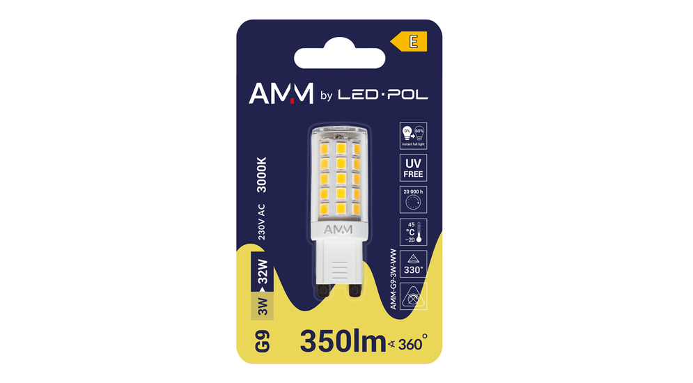 Żarówka LED AMM o mocy 3W jest przeznaczona do pracy pod napięciem 230V. Współpracuje z lampami wyposażonymi w oprawkę typu G9, a jej czas działania wynosi 20000 godzin.