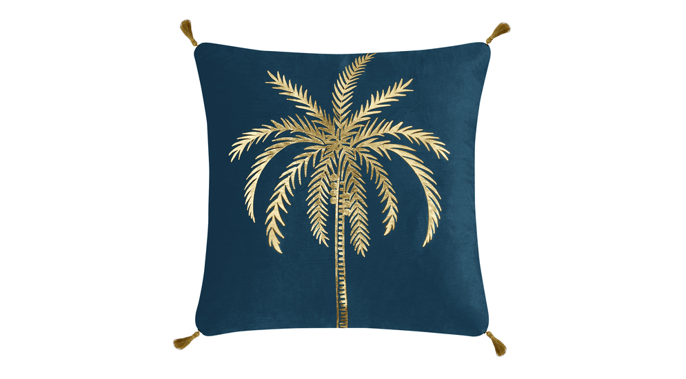 Poszewka welurowa niebieska ze złotą palmą PALOMA 45x45 cm