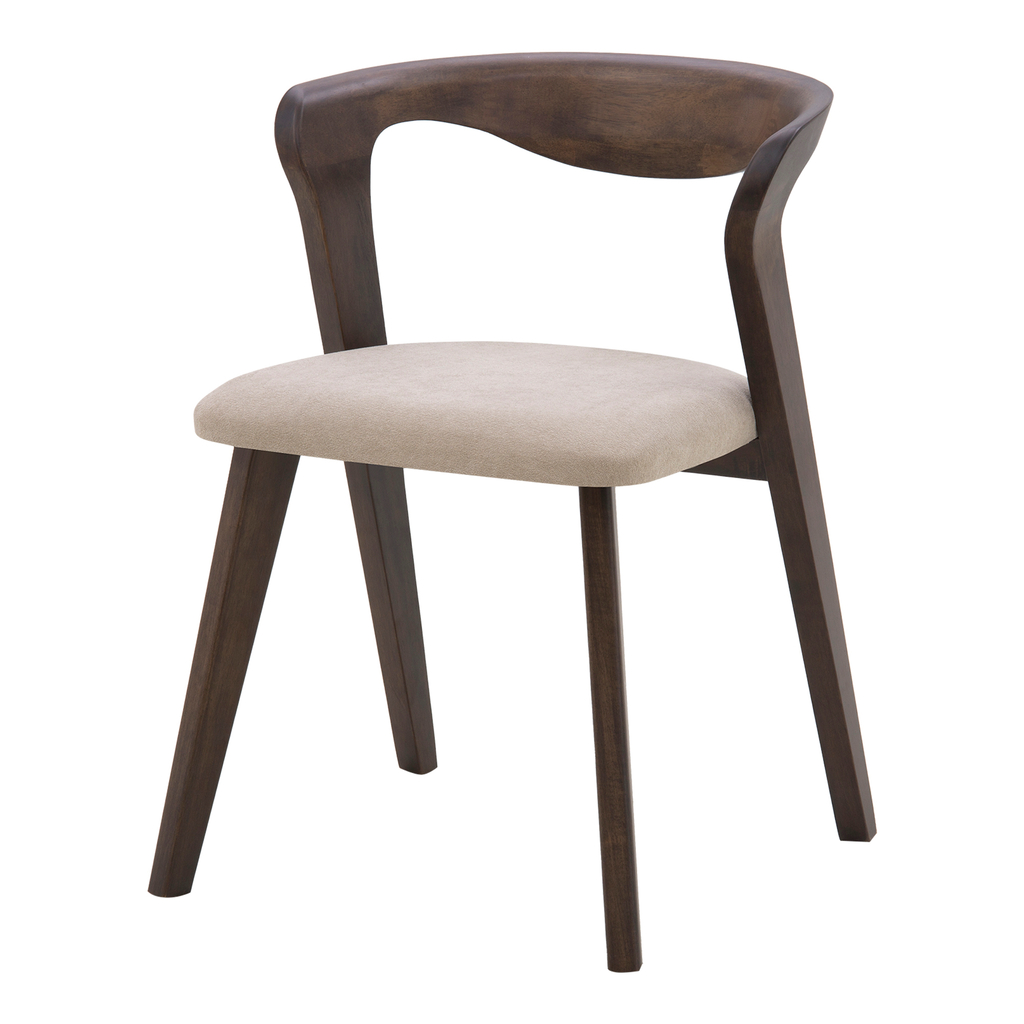 Krzesło tapicerowane IMPREVO w kolorze ciemnego drewna na drewnianych nogach do nowoczesnej jadalni, widok 3/4.