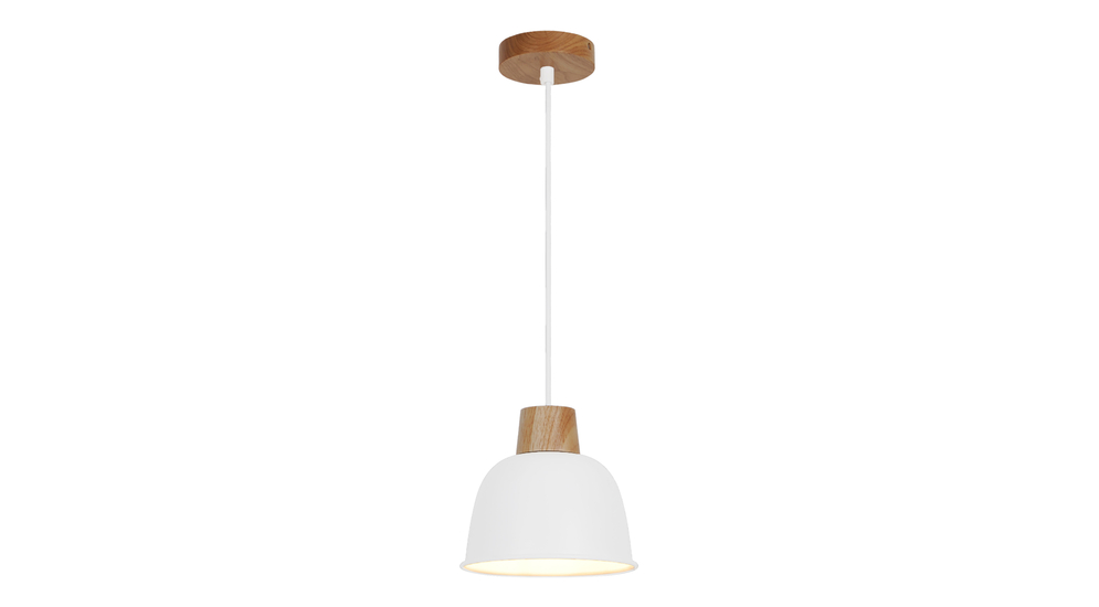 Biały kolor lampy ORLO jest dopełniony elementami w odcieniu jasnego drewna.