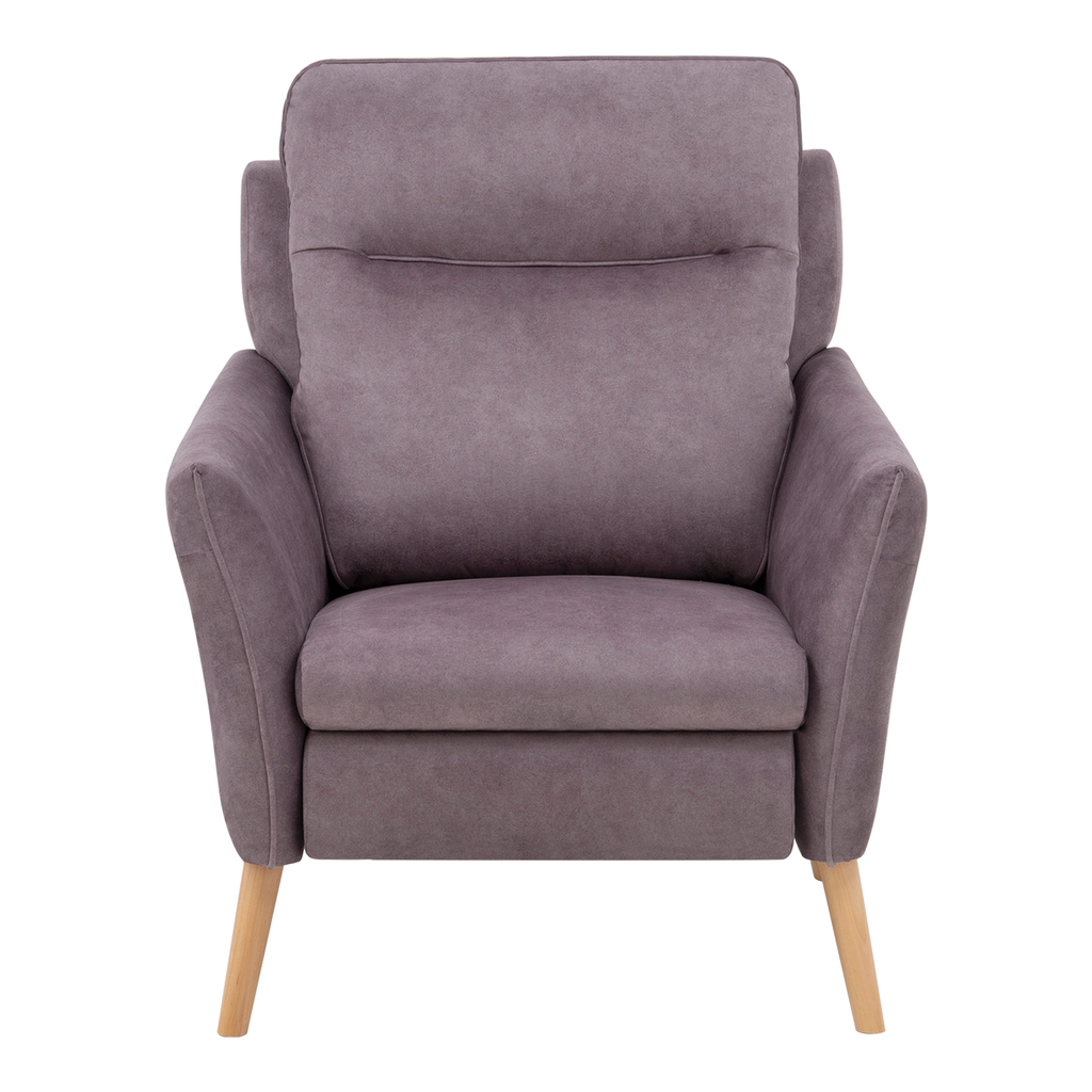 Fotel w kolorze fioletowym na wysokich nogach z jasnego drewna bukowego.