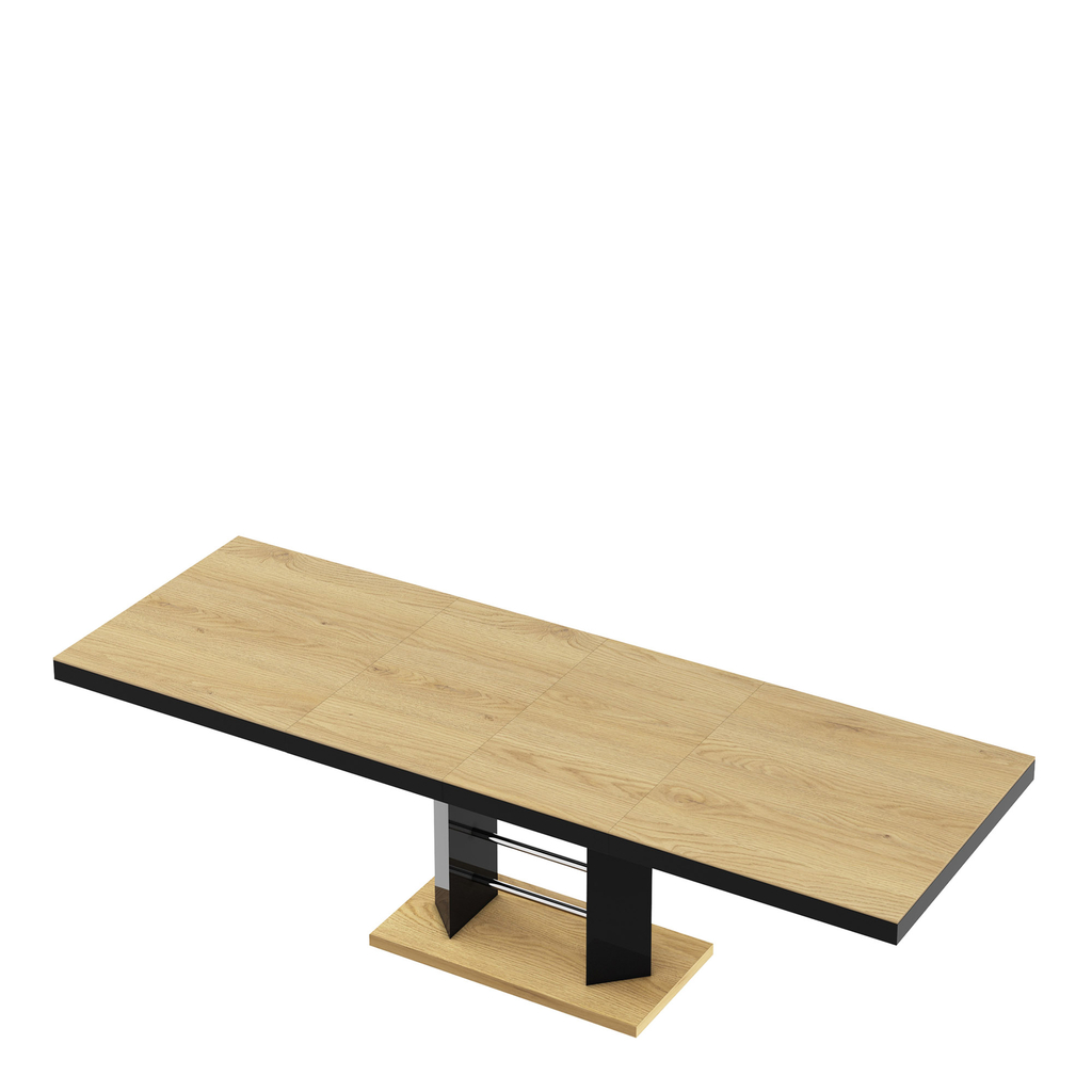 Stół rozkładany czarny z podstawą i blatem w kolorze jasnego drewna.