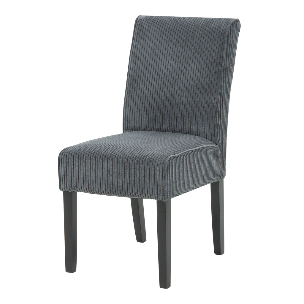 Krzesło tapicerowane sztruksową ciemnoszarą tapicerką. Czarne nogi z drewna bukowego.