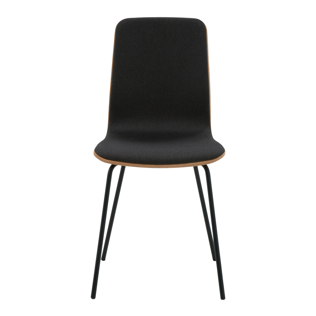 Krzesło VINGE z ciemnoszarą tapicerką na metalowych nogach.