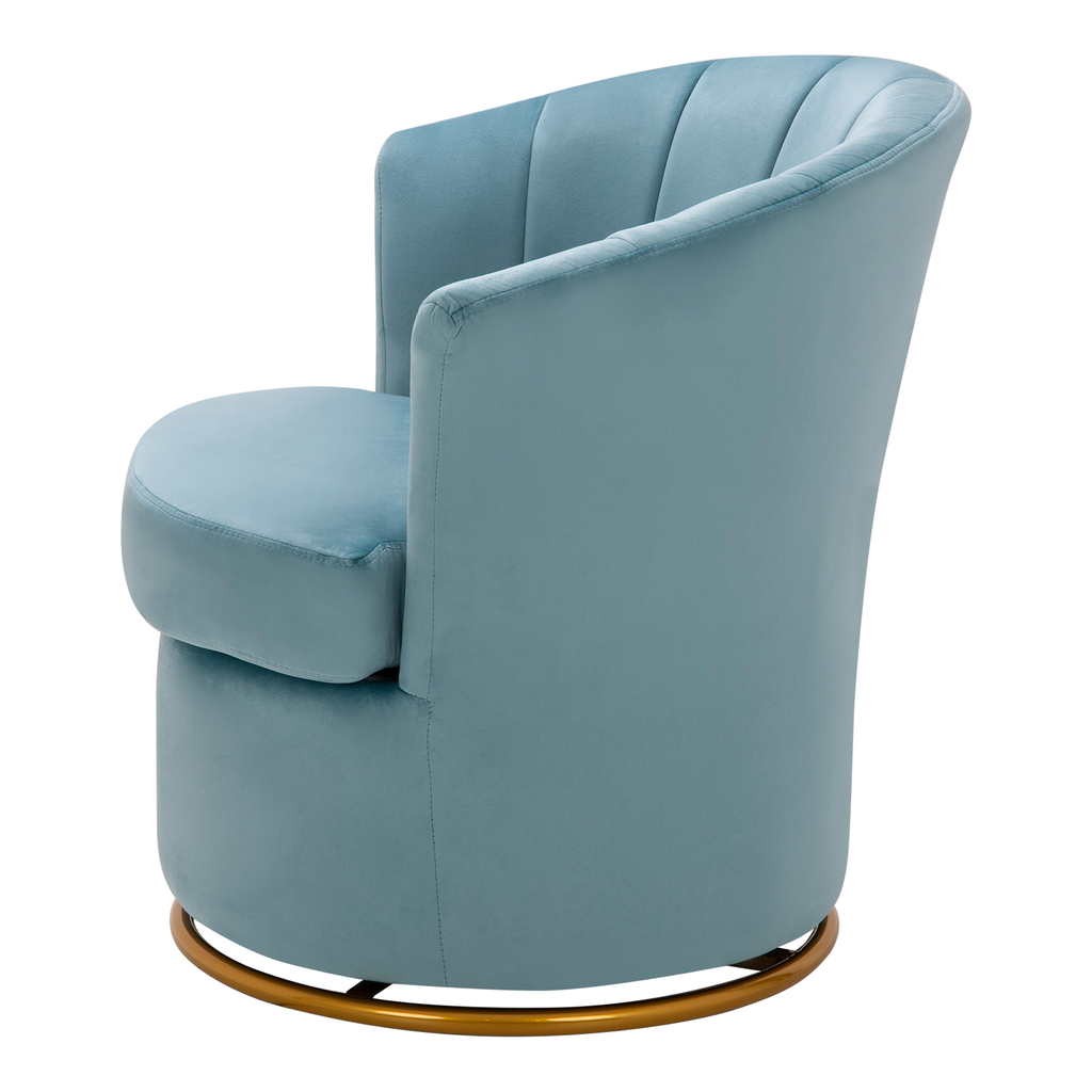 Fotel muszla niebieski ze złotą podstawą.