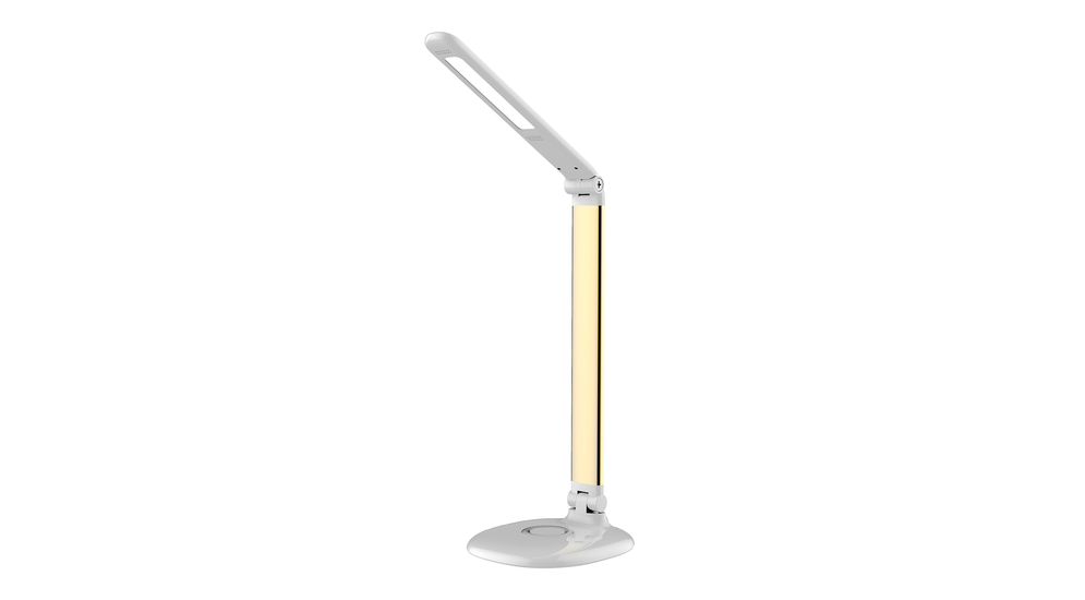 Biało-złota lampa biurkowa ORO PICA LED z 3-poziomową regulacja jasności. Jej ramię jest sztywne z regulacją przy głowicy i podstawie. Posiada zmianę ustawienia temperatury barwowej w zakresie 3000-4000-6000K.