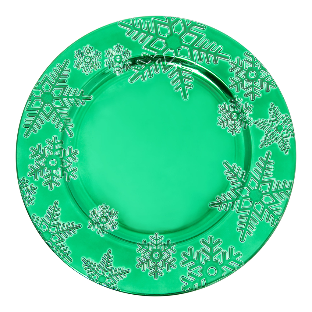 Talerz dekoracyjny podtalerz zielony w śnieżynki 33 cm