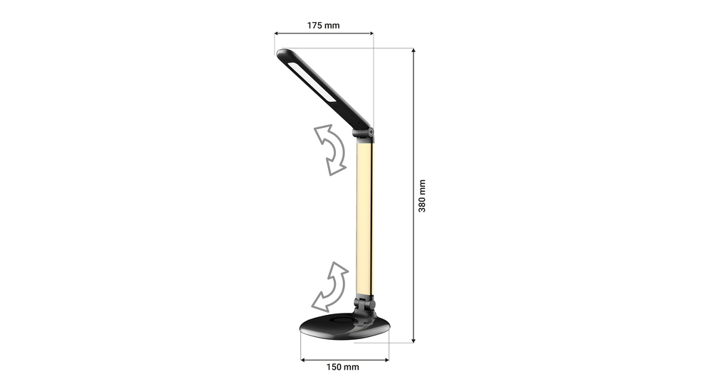 Czarno-złota lampa biurkowa ORO PICA LED z 3-poziomową regulacja jasności. Jej ramię jest sztywne z regulacją przy głowicy i podstawie. Posiada zmianę ustawienia temperatury barwowej w zakresie 3000-4000-6000K.
