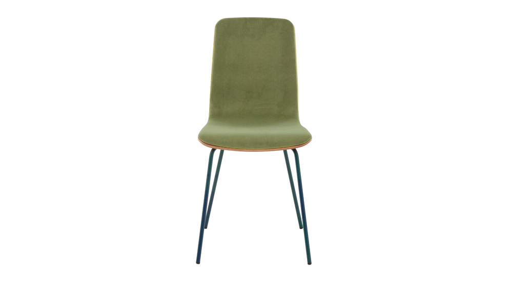 Krzesło welurowe VINGE z oliwkową tapicerką na metalowych nogach.