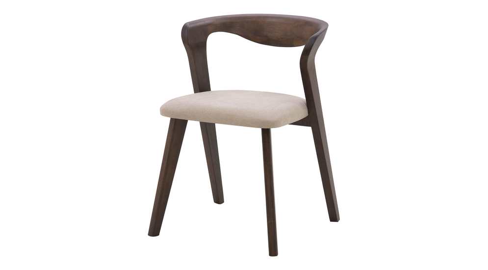 Krzesło tapicerowane IMPREVO w kolorze ciemnego drewna na drewnianych nogach do nowoczesnej jadalni, widok 3/4.