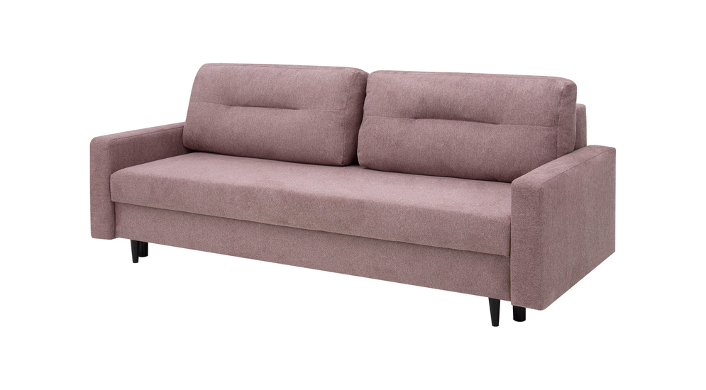 Sofa 3-osobowa POLLY w różowym kolorze z czarnymi nóżkami w kształcie walca.