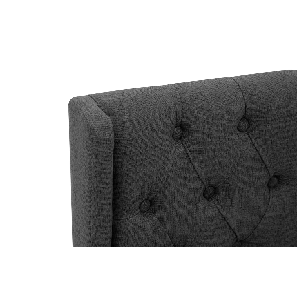 Krzesło CIPRIA z ciemnoszarą tapicerką typu plecionka i pikowanym oparciem, detal. 