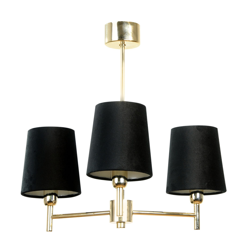 Czarno-złoty model lampy wiszącej  MOSSY posiada podstawę z 3 prostymi, wykończonymi złotym kolorem ramionami. Konstrukcję wieńczą 3 abażury z tkaniny.
