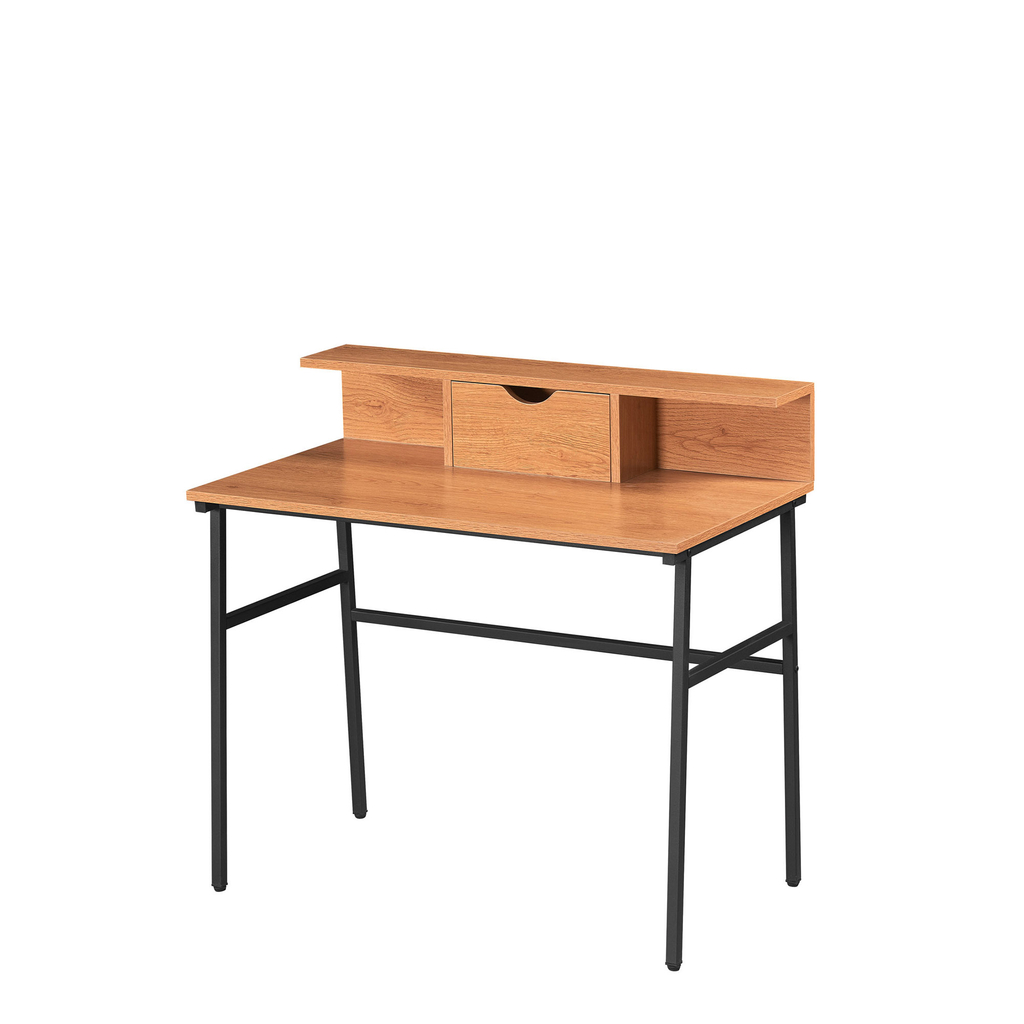 Biurko industrialne z nadstawką z szufladą po środku i 2 wnękami.