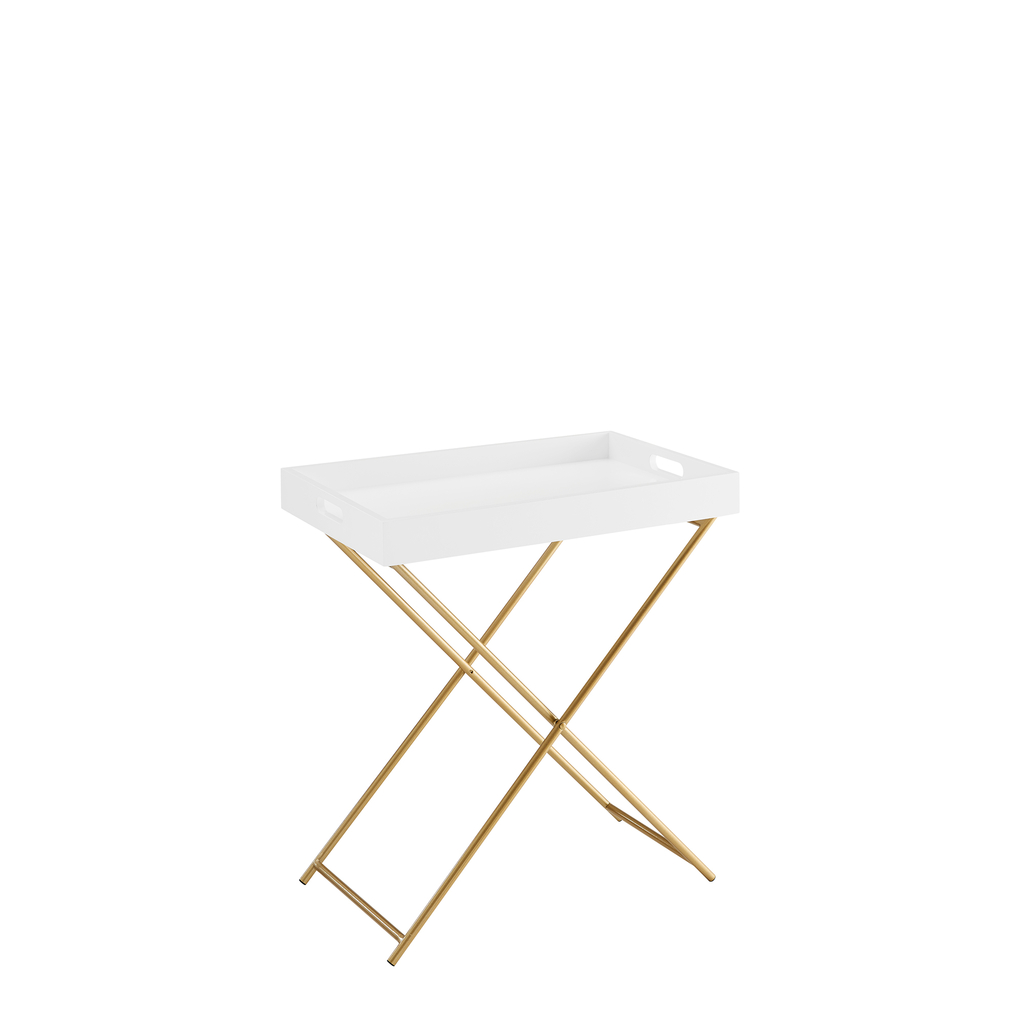 Biały stolik pomocniczy ze złotymi nogami.