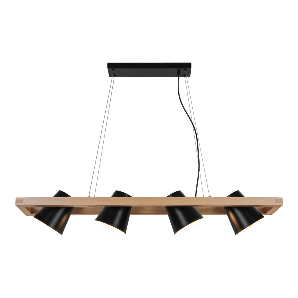 ELTI to lampa wisząca z drewnianą oprawą oraz 4 regulowanymi kloszami w czarnym kolorze.