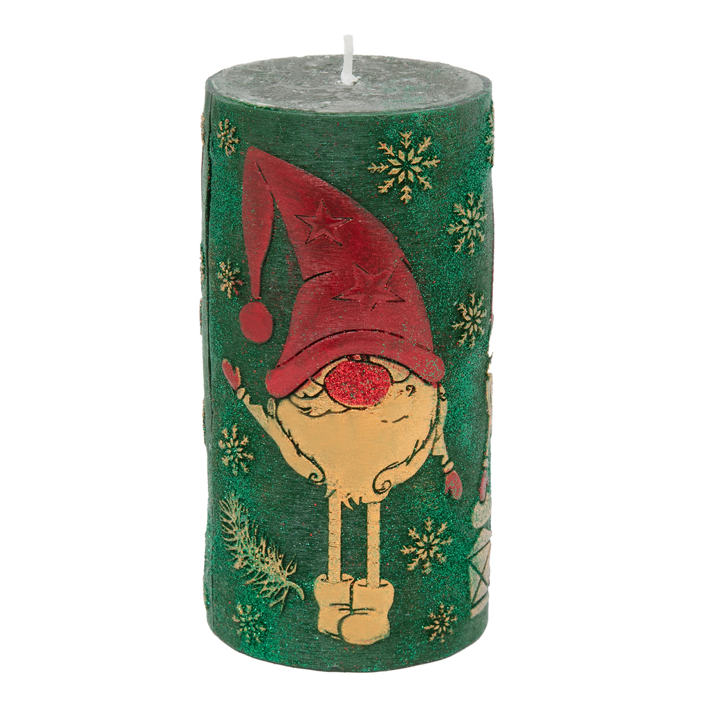 Świeca świąteczna walec zielono-złoty SKRZAT 6,5x14 cm