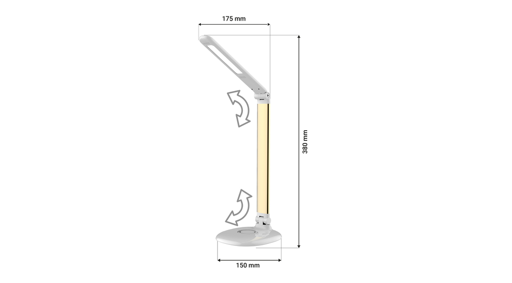 Biało-złota lampa biurkowa ORO PICA LED z 3-poziomową regulacja jasności. Jej ramię jest sztywne z regulacją przy głowicy i podstawie. Posiada zmianę ustawienia temperatury barwowej w zakresie 3000-4000-6000K.
