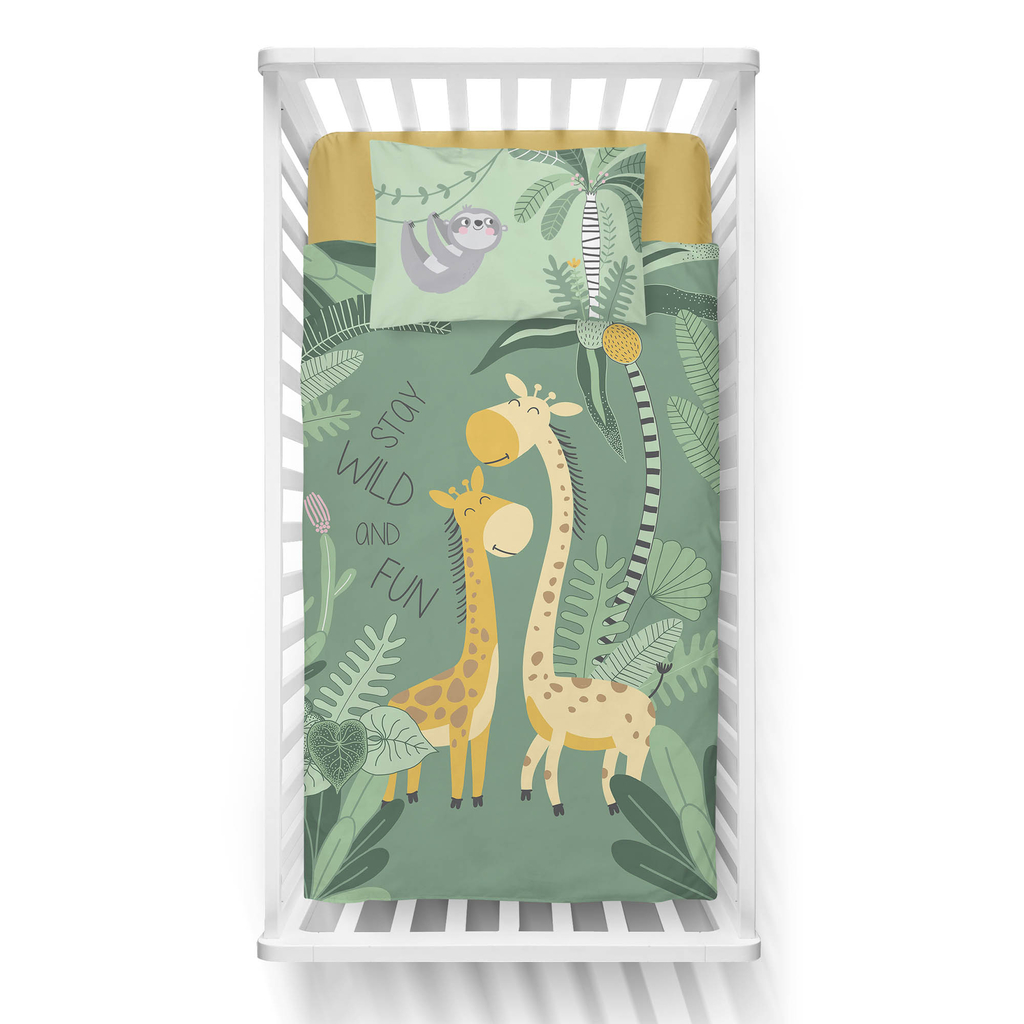 Pościel bambusowa do łóżeczka dla niemowląt zielony ŻYRAFA 100x135 cm