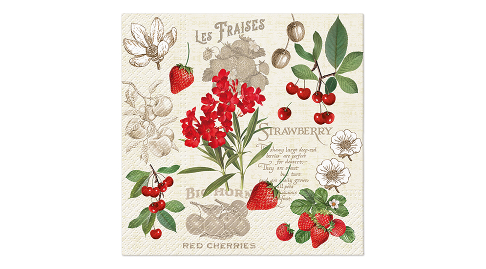 Beżowe serwetki w czerwone owoce i kwiaty